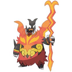  cardnlh claws closed_mouth derivative_work emboar fangs full_body highres holding holding_staff mega_emboar mega_pokemon no_humans parody pokemon pokemon_(creature) pokemon_focus pokemon_legends:_z-a red_eyes sharp_teeth simple_background solo spoilers staff style_parody teeth white_background 