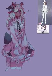  1girl ? animal_ears antlers black_eyes black_ribbon blonde_hair buck_teeth commentary cosplay cropped_legs deer_antlers deer_ears deer_girl deltarune dress english_commentary frilled_dress frills furry furry_female hat highres horns long_hair long_sleeves mini_hat nebbeli noelle_holiday pantyhose project_sekai reference_inset ribbon ringlets shinonome_ena shinonome_ena_(cosplay) teeth utdr_(toby_fox) white_dress white_hat white_pantyhose 