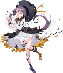  1girl akebono_(halloween)_(kancolle) akebono_(kancolle) black_hat burnt_clothes candy chain corset crescent_print cup damaged dress drew_(drew213g) food full_body garter_straps grey_shoes halloween_costume hat kantai_collection lollipop long_hair mismatched_shoes official_art one_eye_closed orange_shoes purple_hair searchlight shoes side_ponytail single_thighhigh thigh-highs third-party_source top_hat torn_clothes transparent_background violet_eyes white_dress 