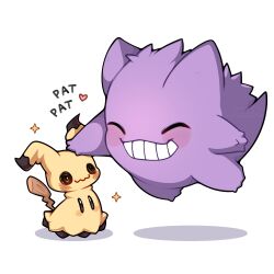  absurdres closed_eyes closed_mouth floating full_body gengar ghost grin headpat heart highres mimikyu no_humans pokemon pokemon_(creature) pokemon_focus sevi_(seviyummy) simple_background smile star_(symbol) tail teeth 