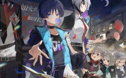  2girls 3boys absurdres aged_down alternate_costume animal animal_bag animal_ear_fluff animal_ears aqua_hair aqua_neckerchief arlecchino_(genshin_impact) arm_at_side arms_at_sides belt belt_buckle black_bag black_belt black_choker black_eyes black_hair black_jacket black_necktie black_shirt black_sleeves black_suit blonde_hair blue_eyes blue_jacket blunt_bangs blunt_ends blurry braid braided_bangs bright_pupils brother_and_sister buckle building casual cat cat_bag cat_ears cat_girl chest_harness chewing_gum child choker clear_sky closed_mouth collar collared_shirt confetti contemporary crescent_moon delusion_(genshin_impact) depth_of_field eyeliner eyeshadow facial_mark formal_clothes freminet_(genshin_impact) gem genshin_impact grey_hair grey_hat hand_in_pocket harness hat head_out_of_frame highres holding holding_animal holding_cat holding_removed_eyewear hood hooded_jacket jacket jacket_on_shoulders lapels layered_sleeves long_sleeves looking_at_another looking_at_viewer looking_to_the_side lynette_(genshin_impact) lyney_(genshin_impact) makeup moon multicolored_hair multiple_boys multiple_girls neckerchief necktie night night_sky open_clothes open_hand open_jacket open_mouth outdoors padded_jacket peaked_cap puffy_sleeves red_collar red_eyeliner red_eyeshadow red_gemstone red_lips red_necktie red_pupils scaramouche_(genshin_impact) shimianaya shirt short_hair short_over_long_sleeves short_sleeves siblings sky star_(sky) star_(symbol) star_facial_mark starry_sky streaked_hair suit swept_bangs symbol-shaped_pupils teardrop_facial_mark translation_request twins two-sided_fabric two-sided_jacket unworn_eyewear violet_eyes white_cat white_hair white_pupils white_shirt white_sleeves wispy_bangs x-shaped_pupils 