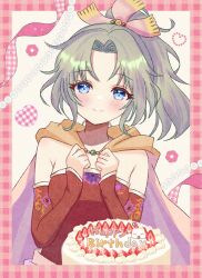  1girl birthday_cake blue_eyes blush border breasts cake cape detached_sleeves dress final_fantasy final_fantasy_vi food green_hair hair_bobbles hair_ornament hair_ribbon hands_on_own_chest happy_birthday highres long_hair looking_at_viewer medium_breasts parted_bangs pink_border pink_ribbon plaid_border ponytail red_dress red_sleeves ribbon sash smile solo strapless strapless_dress string_of_pearls terra_branford tube_dress upper_body waist_sash yellow_cape yua_666666 