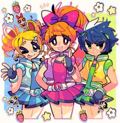  3girls akazutsumi_momoko belt black_gloves black_hair blonde_hair blossom_(ppg) blue_dress blue_eyes blue_vest bubbles_(ppg) buttercup_(ppg) commentary dress drill_hair fingerless_gloves gloves goutokuji_miyako green_dress green_eyes green_vest high_ponytail highres hyper_blossom jack0ran magical_girl matsubara_kaoru miniskirt multiple_girls one_eye_closed open_clothes open_vest orange_hair pink_dress pink_eyes pink_vest pleated_skirt ponytail powered_buttercup powerpuff_girls powerpuff_girls_z rolling_bubbles short_hair skirt smile symbol-only_commentary tomboy twin_drills vest 
