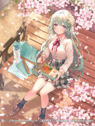  1girl bag bento black_socks bottle brown_shoes cherry_blossoms chopsticks closed_mouth copyright_notice enju_(z/x) flower food from_above green_hair hair_flower hair_ornament hairclip handbag holding holding_bento holding_chopsticks long_sleeves neck_ribbon official_art on_bench outdoors pink_petals red_ribbon ribbon school_uniform serino_itsuki shirt shoes sitting skirt socks solo violet_eyes water_bottle white_shirt z/x 