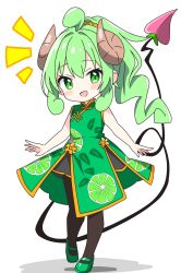  1girl :d ahoge alternate_costume alternate_hair_color bare_arms bare_shoulders black_pantyhose blush brown_horns commentary_request curled_horns demon_girl demon_tail dot_nose dress full_body green_dress green_eyes green_hair green_shoes highres horns kotatsu-mazoku lilith_(homunculus)_(machikado_mazoku) lilith_(machikado_mazoku) lime_print long_hair looking_at_viewer machikado_mazoku notice_lines open_mouth pantyhose print_dress shoes sidelocks simple_background sleeveless sleeveless_dress smile solo standing tail white_background 