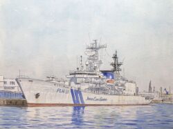  anchor atelier_bono blue_sky clouds commentary_request highres japan_coast_guard jcg_shikishima_(plh-31) lifeboat mast no_humans original painting_(medium) port ship sky smokestack traditional_media vehicle_focus watercolor_(medium) watercraft 