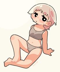  1girl arm_support barefoot black_eyes blush bright_pupils chibi commentary grey_panties grey_sports_bra hair_ears highres hot looking_at_viewer navel original panties parted_lips simple_background sitting solo sports_bra sweat symbol-only_commentary twitter_username ugif underwear white_background white_hair white_pupils 