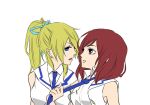  2girls ayase_eli blonde_hair blue_eyes blue_necktie breasts commentary_request eye_contact kashikaze long_hair looking_at_another love_live! love_live!_school_idol_project medium_breasts medium_hair multiple_girls necktie necktie_grab neckwear_grab nishikino_maki open_mouth parted_lips ponytail redhead sailor_collar shirt simple_background sleeveless sleeveless_shirt teeth upper_body upper_teeth_only violet_eyes white_background white_sailor_collar white_shirt yuri 