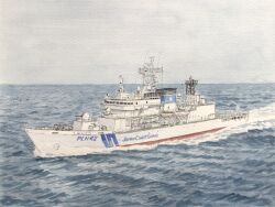  anchor atelier_bono blue_sky clouds commentary_request highres japan_coast_guard japanese_flag jcg_shunko_(plh-42) lifeboat mast no_humans ocean original painting_(medium) radar sailing ship sky smokestack traditional_media vehicle_focus watercolor_(medium) watercraft waves 