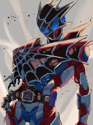  1boy armor asymmetrical_armor black_armor black_gloves blue_armor blue_eyes bodysuit bug commentary cowboy_shot demons_driver doseki89 extra_eyes gloves glowing head_tilt highres kamen_rider kamen_rider_demons kamen_rider_revice looking_at_viewer male_focus red_armor red_bodysuit rider_belt silk solo spider_genome spider_web spider_web_print spiked_armor spikes standing tokusatsu upper_body vistamp 