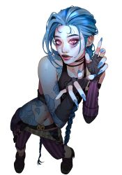  1girl arcane:_league_of_legends arcane_jinx arm_tattoo asymmetrical_bangs belt black_gloves black_tank_top blue_hair blue_nails boots braid brown_belt brown_boots capri_pants claw_pose cloud_tattoo cord_choker crop_top detached_sleeves earrings eyelashes eyeshadow fingerless_gloves fingernails forehead from_above gloves hands_up highres hip_tattoo jewelry jinx_(league_of_legends) league_of_legends long_fingernails long_hair looking_at_viewer low_twin_braids lowleg lowleg_pants makeup mole mole_on_arm mole_on_cheek mole_on_forehead mole_on_leg mole_on_neck mole_on_stomach nail_polish navel pants pink_eyes purple_eyeshadow purple_pants simple_background single_sleeve striped_clothes striped_pants tank_top tattoo thick_eyebrows thick_lips torn_clothes torn_pants twin_braids two-tone_pants vertical-striped_clothes vertical-striped_pants vertical-striped_sleeves very_long_hair white_background zeebythesea 