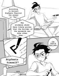  1boy aged_up ahoge black_hair book couch dib_(invader_zim) english_text glasses highres holding holding_marker inimoose invader_zim male_focus marker on_couch pants paper round_eyewear shirt short_hair sitting speech_bubble teacher 