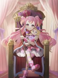  1girl blonde_hair boots bow brooch commentary crown cure_friendy cure_wonderful curtains dress frilled_dress frills hair_pulled_back heart heart_brooch highres hugging_doll hugging_object inukai_komugi jewelry long_hair looking_at_viewer magical_girl mini_crown multicolored_hair pink_boots pink_crown pink_dress pink_hair pink_wrist_cuffs precure puffy_sleeves purple_bow short_sleeves sitting_on_throne stuffed_toy throne throne_room two-tone_hair two_side_up wonderful_precure! wrist_cuffs yuzu_sato 
