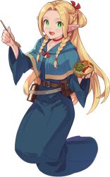  1girl aqua_capelet aqua_hood artist_request belt belt_buckle belt_pouch blonde_hair blue_dress blue_sleeves blush book bow bowl braid bright_pupils brown_belt buckle capelet capelet_bow carrot choker corn cross-laced_clothes cross-laced_dress cross-laced_sleeves dress dungeon_meshi elf eyes_visible_through_hair food forehead furisode_sleeves green_eyes hair_between_eyes hair_bow hair_intakes hair_over_breasts hair_tie half_up_half_down_braid holding holding_bowl holding_ladle hood hood_down hooded_capelet ladle lettuce long_hair long_sleeves looking_at_viewer marcille_donato official_art open_mouth pointy_ears pouch red_bow red_choker second-party_source simple_background solo soup soup_ladle straight_hair teeth tongue transparent_background twin_braids upper_teeth_only very_long_hair white_pupils wide_sleeves 