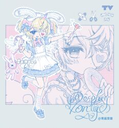  1girl apron artist_name bandaid blonde_hair blue_bow blue_dress blush bow bowtie braid dress eyelashes full_body hair_ornament happy highres holding holding_wand horns kneehighs long_hair looking_at_viewer multiple_views one_eye_covered open_mouth original pink_bow pink_bowtie scissors shoes short_sleeves single_horn socks stuffed_animal stuffed_toy tushou unicorn_horn wand white_apron white_socks 