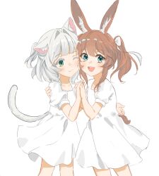  2girls :d absurdres aged_down amiya_(arknights) animal_ear_fluff animal_ears arknights blue_eyes brown_hair brown_tail closed_mouth cowboy_shot dress green_eyes grey_tail hand_on_another's_shoulder heads_together highres holding_hands multiple_girls open_mouth rep120105 rosmontis_(arknights) short_hair short_sleeves short_tail simple_background smile standing tail white_background white_dress 