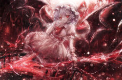  1girl ascot bat_wings fang flying_sweatdrops frilled_cuffs frilled_hat frills hair_between_eyes hand_on_own_face hand_up hat hat_ribbon hezaizhou highres holding holding_polearm holding_weapon looking_at_viewer mob_cap parted_lips pink_shirt pink_skirt pointy_ears polearm puffy_short_sleeves puffy_sleeves purple_hair red_ascot red_eyes red_ribbon remilia_scarlet ribbon shirt short_hair short_sleeves skirt smile solo spear_the_gungnir touhou weapon white_hat wings wrist_cuffs 