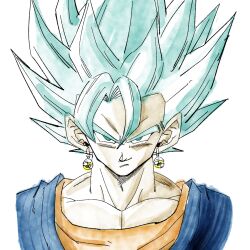  1boy 1rasutotoukou absurdres blue_eyes blue_hair blue_shirt dragon_ball dragon_ball_super earrings highres jewelry male_focus muscular muscular_male orange_shirt potara_earrings shirt simple_background smirk solo super_saiyan super_saiyan_blue upper_body vegetto white_background 