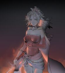  1girl bare_shoulders bead_bracelet beads bracelet breasts cape closed_mouth cowboy_shot detached_sleeves dress final_fantasy final_fantasy_vi hair_ribbon highres holding holding_sword holding_weapon jewelry long_hair looking_at_viewer medium_breasts pantyhose parted_bangs ponytail print_pantyhose red_dress red_sleeves ribbon riio sash short_dress solo strapless strapless_dress sword terra_branford tube_dress waist_sash wavy_hair weapon 