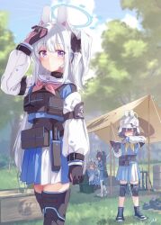  4girls animal_ears arm_at_side black_boots black_bow black_gloves black_hair black_pantyhose black_thighhighs blue_archive blue_halo blue_serafuku blue_shirt blue_skirt blue_sky blurry blurry_background blush book boots bow braid brown_hair bucket_hat clenched_hand closed_eyes closed_mouth commentary_request cowboy_shot day fake_animal_ears full_body glasses gloves grass hair_between_eyes hair_bow hair_intakes half_up_braid halo hand_up hat highres holding holding_book hot knee_pads kneeling kuroi_mimei lace-up_boots leaf leaf_on_head long_hair long_sleeves looking_at_viewer medium_hair miniskirt miyako_(blue_archive) miyu_(blue_archive) moe_(blue_archive) multiple_girls neckerchief nose_blush one_side_up open_book outdoors pantyhose park pink_neckerchief pleated_skirt profile rabbit_ears rabbit_platoon_(blue_archive) red_eyes sailor_collar saki_(blue_archive) school_uniform serafuku shirt sidelocks signature skirt sky smile split_mouth standing straight_hair sweat tent thigh-highs tree twintails very_long_hair violet_eyes white_hair white_pantyhose white_sailor_collar witch_hat yellow_neckerchief zettai_ryouiki 