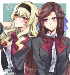  2girls annoyed artist_name black_hairband blonde_hair blush border bow bowtie breasts brown_hair closed_mouth collared_shirt commentary_request green_background grey_jacket hair_bow hair_ornament hairband hand_up highres jacket kiraki long_hair long_sleeves looking_at_another looking_at_viewer looking_to_the_side medium_breasts multiple_girls open_clothes open_jacket outside_border parted_bangs pink_eyes purple_bow red_bow red_bowtie saijou_claudine school_uniform seishou_music_academy_uniform shirt shoujo_kageki_revue_starlight side-by-side sidelocks sideways_glance simple_background star_(symbol) tendou_maya upper_body v-shaped_eyebrows v_arms violet_eyes white_border white_shirt x_hair_ornament 