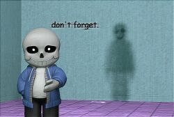  2020 2boys 3d black_shorts blue_jacket comic_sans commentary digital_media english_commentary english_text floor garry's_mod_(medium) grey_hood holding holding_photo hollow_eyes hood hood_down hooded_jacket humanoid indoors jacket male male_focus male_only monster monster_boy multiple_boys myiggywanna open_clothes open_jacket paint.net_(medium) photo_(object) sans_(undertale) shirt shorts silhouette single_vertical_stripe skeleton solo_focus standing striped_shorts teeth text tile_floor tiles undead undertale utdr_(toby_fox) vertical-striped_clothes vertical-striped_shorts w.d._gaster white_shirt white_stripes 