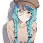  1girl aqua_hair bang_dream! bow braid brown_headwear brown_sweater cabbie_hat fries_vanquisher glasses green_eyes hair_bow hair_over_shoulder hat highres hikawa_sayo light_blush long_hair looking_at_viewer round_eyewear shadow simple_background smile solo sweater twin_braids twintails white_background 