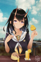  1girl absurdres artist_logo azur_lane black_hair black_shirt blue_sky clouds cloudy_sky commentary drinking_straw drinking_straw_in_mouth earrings english_commentary food fruit hair_between_eyes highres holding holding_food holding_popsicle jewelry juice logo long_hair looking_at_viewer manjuu_(azur_lane) neckerchief noshiro_(azur_lane) orange_(fruit) orange_juice orange_slice popsicle pov_across_table sailor_collar shirt short_sleeves sky solo violet_eyes white_neckerchief white_sailor_collar yibanmaotou 