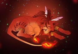  absurdres animal animal_earrings artist_name body_markings charmander closed_eyes cuddling curled_up facial_mark feather_hair_ornament feathers final_fantasy final_fantasy_vii fire flame-tipped_tail hair_between_eyes hair_ornament highres no_humans orange_fur pokemon pokemon_(creature) red_hair red_xiii scar scar_across_eye scar_on_face sidelocks skirtzzz sleeping tail 