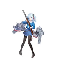  1girl anti-aircraft_gun artist_request autocannon black_pantyhose black_shoes blue_eyes blue_hair blue_neckerchief blue_serafuku blue_shirt blue_skirt bofors_40_mm_gun cannon full_body gun hair_ribbon highres holding holding_gun holding_weapon hugh_w._hadley_(warship_girls_r) long_sleeves looking_at_viewer m1_garand mary_janes neckerchief official_art pantyhose pigeon-toed pleated_skirt red_ribbon ribbon rifle rigging sailor_collar school_uniform serafuku ship_turret shirt shoes side_ponytail skirt solo torpedo_tubes transparent_background warship_girls_r weapon white_sailor_collar 