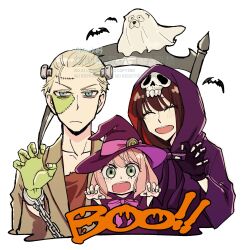  1boy 2girls anya_(spy_x_family) bat_(animal) black_gloves blonde_hair blue_eyes bond_(spy_x_family) bow bowtie brown_hair brown_jacket brown_shirt child claw_pose closed_eyes cosplay cuffs death_(entity) dog frankenstein's_monster frankenstein's_monster_(cosplay) frown ghost_costume gloves green_eyes grim_reaper grim_reaper_(cosplay) hair_ornament hair_slicked_back halloween_costume hat highres hood hood_up hooded_robe jacket kinak03 light_blush long_hair medium_hair multiple_girls object_through_head official_alternate_costume open_mouth pink_bow pink_bowtie pink_hair purple_hat purple_robe robe scar scar_on_face screw_in_head scythe shackles shirt short_hair skeletal_hand skull_hair_ornament smile spy_x_family suit_jacket twilight_(spy_x_family) twitter_username upper_body white_background witch witch_hat yor_briar 