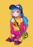  1girl absurdres bare_shoulders baseball_cap blue_eyes blue_hair blush detached_sleeves hair_between_eyes hat hatsune_miku highres holding kilo_(pixiv) long_hair long_sleeves low_twintails open_mouth simple_background solo twintails vocaloid yellow_background 