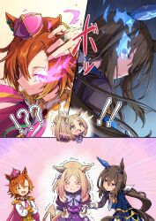  ! !! !? 3girls :o admire_vega_(starry_nocturne)_(umamusume) admire_vega_(umamusume) animal_ears armor asymmetrical_gloves black_gloves black_hair blonde_hair blue_dress bow bowtie close-up closed_mouth crown dress ear_covers flaming_eye gloves gold_armor gold_ring hair_between_eyes highres horse_ears horse_girl horse_tail jewelry long_hair looking_at_viewer mini_crown mismatched_gloves multiple_girls multiple_rings narita_top_road_(the_proud_road)_(umamusume) narita_top_road_(umamusume) necktie open_mouth orange_eyes orange_hair ponytail purple_dress ring short_hair single_ear_cover starheart t.m._opera_o_(o_sole_suo!)_(umamusume) t.m._opera_o_(umamusume) tail trembling umamusume umamusume:_road_to_the_top violet_eyes white_gloves 