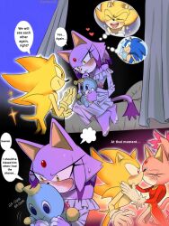 1boy 1girl animal_ears blaze_the_cat blush burning_blaze cat_ears cat_girl cat_tail chao_(sonic) closed_eyes forehead_jewel fur-trimmed_gloves fur_trim gloves heart hetero highres hugging_doll hugging_object kiss pink_fur sleepwear sonic_(series) sonic_rush sonic_the_hedgehog speech_bubble stuffed_toy super_sonic tail thought_bubble white_gloves yellow_fur yeonwu08