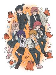  &gt;_&lt; 3boys 3girls :d androgynous angel_devil_(chainsaw_man) angel_wings black_choker black_jacket black_pants black_ribbon black_shorts black_suit black_thighhighs blue_jacket blue_shoes braid breasts brown_eyes brown_shoes chainsaw_man choker collared_shirt creature demon_girl demon_horns denji_(chainsaw_man) food fork gogoma_(gogomalife) green_eyes hair_between_eyes hair_bun halo hand_in_pocket hand_to_own_mouth hat hayakawa_aki highres holding holding_fork holding_knife horns jacket jacket_partially_removed knife loafers long_hair makima_(chainsaw_man) medium_breasts medium_hair multiple_boys multiple_girls neck_ribbon nightcap orange_eyes pants pochita_(chainsaw_man) ponytail power_(chainsaw_man) red_eyes red_horns reze_(chainsaw_man) ribbon shirt shoes short_hair short_ponytail shorts single_braid sleeveless sleeveless_shirt sleeves_rolled_up smile sneakers suit suit_jacket sword sword_on_back tears thigh-highs tongue tongue_out weapon weapon_on_back white_shirt white_shoes wings xd 