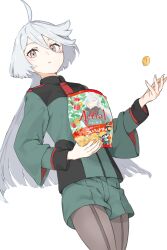  1girl absurdres aerial_(food) ahoge asticassia_school_uniform food grey_eyes gundam gundam_suisei_no_majo haimura_kiyotaka highres holding holding_food long_hair miorine_rembran school_uniform solo thigh-highs white_background white_hair 