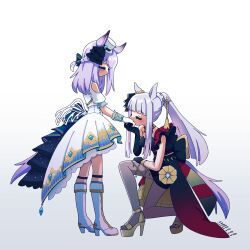  2girls absurdres animal_ears asymmetrical_dress asymmetrical_gloves bare_shoulders black_dress black_gloves blunt_bangs blunt_tresses blush boots bow breasts closed_eyes closed_mouth clothing_cutout dress ear_ornament elbow_gloves evening_gown gloves gold_sandals gold_ship_(la_mode_564)_(umamusume) gold_ship_(umamusume) grey_hair hair_ornament hat high_heel_sandals highres horse_ears horse_girl horse_tail jewelry kiss kissing_hand kitnoko kneeling lace lace_gloves long_hair mejiro_mcqueen_(end_of_the_skies)_(umamusume) mejiro_mcqueen_(umamusume) mini_hat mini_top_hat multiple_girls necklace official_alternate_costume official_alternate_hairstyle pantyhose platform_heels ponytail purple_hair sandals short_sleeves shoulder_cutout simple_background single_bare_shoulder single_strap tail tilted_headwear top_hat umamusume uneven_gloves violet_eyes white_boots white_dress white_gloves white_hat yuri 