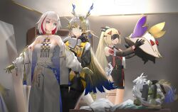  142454843 1other 3girls alternate_costume arknights bare_shoulders black_gloves black_pants blindfold_mask blonde_hair blue_eyes blue_hair closed_mouth colored_inner_hair cosplay costume_switch crossover dragon_girl dragon_horns dressing_another earrings eastern_dragon_tail fingerless_gloves gloves grey_hair grey_tube_top gun hair_between_eyes hair_intakes hair_ornament handgun highres holding honkai:_star_rail honkai_(series) horns jacket jewelry long_hair long_sleeves looking_back mask mirror multicolored_hair multiple_crossover multiple_girls nanjou_yoshino navel numby_(honkai:_star_rail) open_mouth pants ponytail red_hair reflection short_hair shu_(arknights) strapless tassel tassel_earrings thigh_strap thighs topaz_(honkai:_star_rail) trigger_(zenless_zone_zero) trotter_(honkai:_star_rail) tube_top two-tone_hair very_long_hair voice_actor_connection weapon white_hair zenless_zone_zero 