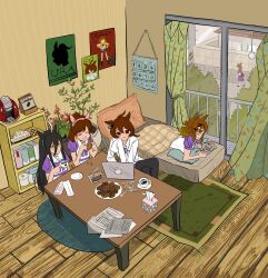  5girls agnes_tachyon_(umamusume) ahoge animal_ears bare_arms bedroom black_hair black_pants blonde_hair blue_bow blue_bowtie blue_sleeves book bookshelf bow bowtie brown_hair chewing chocolate_chip coffee_beans coffee_maker colored_tips curtains dantsu_flame_(umamusume) ear_covers ear_ornament eating expressionless faceless faceless_female full_body futon hair_between_eyes hair_ornament hairband hairclip hand_on_own_cheek hand_on_own_face hexagon high-waist_skirt highres holding holding_book horse_ears horse_girl hyome indoors jam_(umamusume) jungle_pocket_(umamusume) knee_up lab_coat long_hair_between_eyes lying manga_(object) manhattan_cafe_(umamusume) multicolored_hair multiple_girls on_stomach pants paper pillow pink_hairband plate poster_(object) puffy_short_sleeves puffy_sleeves reading sailor_collar school school_uniform shirt short_hair short_sleeves skirt sleeves_past_fingers sleeves_past_wrists streaked_hair tissue tissue_box tracen_school_uniform two-tone_hair umamusume white_sailor_collar white_shirt white_skirt window wooden_floor yellow_eyes 