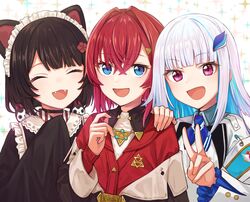  3girls aishima_marota ange_katrina ange_katrina_(1st_costume) black_choker black_kimono blue_eyes blue_hair brown_hair choker closed_eyes colored_inner_hair fangs hair_intakes highres inui_toko inui_toko_(1st_costume) japanese_clothes kimono lize_helesta lize_helesta_(1st_costume) multicolored_hair multiple_girls nijisanji pink_eyes redhead sanbaka_(nijisanji) smile v white_hair 