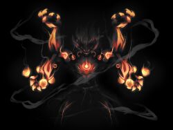  1boy absurdres artificial_eye banyue_(zenless_zone_zero) biceps commentary dark_background english_commentary extra_arms fire glowing glowing_eyes highres humanoid_robot long_hair male_focus mechanical_arms mechanical_eye mechanical_hands mechanical_legs metal_skin robot robot_boy solo standing steam walnutter white_hair zenless_zone_zero 