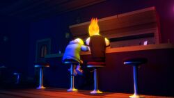  2017 2boys 3d bar_(place) bartender black_background black_pants black_shorts black_vest blue_jacket cfowler7 counter dark_background digital_media duo elemental_(creature) fire_elemental flaming_head full_body grey_hood grillby hollow_eyes hood hood_down hooded_jacket humanoid in-universe_location jacket male male_focus male_only monster monster_boy multiple_boys on_stool open_clothes open_jacket orange_skin pants pink_slippers sans_(undertale) shelf shirt shorts simple_background single_vertical_stripe sitting skeleton slippers socks source_filmmaker_(medium) stool striped_shorts teeth undead undertale uniform utdr_(toby_fox) vertical-striped_clothes vertical-striped_shorts vest white_shirt white_socks white_stripes 