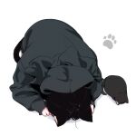  1girl animal_ear_fluff animal_ears animal_hands black_cat black_hair black_hoodie black_theme bowing cat cat_ears cat_girl cat_paws cat_tail highres hood hoodie megateru messy_hair original simple_background tail white_background 