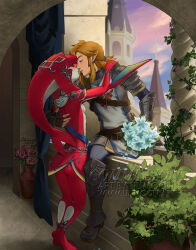  1boy 1girl armor blonde_hair blue_eyes blush bouquet bush castle colored_skin commentary earrings english_commentary fins fish_girl flower flower_pot hair_ornament hand_on_another&#039;s_back hand_on_another&#039;s_shoulder highres holding holding_bouquet imminent_kiss jewelry lilimoon_draws link long_hair mipha monster_girl pillar pointy_ears ponytail red_hair red_skin the_legend_of_zelda the_legend_of_zelda:_breath_of_the_wild yellow_eyes zora 