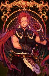  1boy alternate_costume biceps boku_no_hero_academia cape closed_mouth commentary covered_pectorals cowboy_shot english_commentary fanfiction_available highres kirishima_eijiro luma0x0 male_focus pectorals red_eyes red_hair sharp_teeth sheath sheathed short_hair solo spiky_hair sword teeth twitter_username weapon 