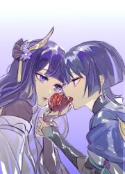  1boy 1girl armor black_bodysuit blue_cape blue_sleeves blunt_bangs blunt_ends bodysuit braid bridal_gauntlets cape chinese_commentary couple duplicate eating eye_contact eyelashes eyeliner eyeshadow fan_hair_ornament flower food fruit genshin_impact gold gold_ring gradient_background grey_bridal_gauntlets grey_hair hair_flower hair_ornament highres holding holding_another's_wrist holding_food holding_fruit japanese_armor japanese_clothes kimono kote kurokote layered_sleeves licking_fruit liquid_from_mouth long_hair looking_at_another makeup middle_ring mole mole_under_eye mother_and_son multicolored_hair nihaowojiaoshanghetu off_shoulder pomegranate purple_background purple_flower purple_hair purple_kimono purple_rope raiden_shogun red_eyeliner red_eyeshadow red_lips rope scaramouche_(genshin_impact) shared_food short_sleeves shrug_(clothing) streaked_hair tassel tassel_hair_ornament tongue tongue_out turtleneck turtleneck_bodysuit twitter_username upper_body violet_eyes wanderer_(genshin_impact) white_background white_kimono white_sleeves wolf_cut 