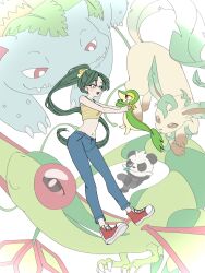  1girl :d animal_hands black_fur bow bright_pupils brown_eyes brown_fur claws crop_top denim dragon fangs flygon full_body green_fur green_hair green_wings hair_bow highres jeans leaf leafeon looking_at_another mouth_hold navel one_eye_closed open_mouth pancham panda pants pokemon pokemon_(creature) ponytail pp_7762 red_eyes red_shoes shirt shoes simple_background smile snivy stalk_in_mouth standing venusaur white_background white_fur white_pupils wings yellow_bow yellow_fur yellow_shirt 