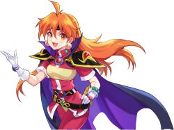  ahoge armor artist_request belt black_armor black_belt black_headband blue_cloak blush bracelet breasts cloak collared_cloak cowboy_shot cropped_legs earrings eyelashes fang gem gloves green_gemstone hand_on_own_hip headband high_collar highres jacket jewelry leotard lina_inverse long_hair loose_belt medium_breasts nexon official_art open_hand open_mouth orange_eyes orange_hair pants pauldrons purple_cloak red_gemstone red_jacket red_pants red_shorts second-party_source short_sleeves shorts shoulder_armor slayers straight_hair strapless sword tales_weaver tongue tube_top turtleneck turtleneck_jacket two-sided_cloak two-sided_fabric walking weapon white_gloves yellow_leotard yellow_tube_top 