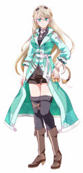  1girl artist_name bag black_socks boots braid breasts brown_hair closed_mouth coat commentary_request crown_braid eiyuu_densetsu elaine_auclair floating_hair full_body green_eyes hair_between_eyes hand_on_own_hip handbag high_heel_boots high_heels kuro_no_kiseki_(series) kuro_no_kiseki_ii long_hair long_sleeves looking_at_viewer medium_breasts over-kneehighs parted_bangs pendant_choker simple_background single_braid socks solo swept_bangs tachi-e thigh-highs white_background xiacheng_tatsuya 