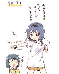  2girls :d :o black_hairband blue_hair blush_stickers brown_eyes child controller cowboy_shot furutani_himawari furutani_kaede game_controller hairband hashtag-only_commentary highres holding holding_controller holding_game_controller joy-con multiple_girls namori open_mouth orange_shorts shirt short_hair short_sleeves shorts siblings simple_background sisters smile thick_eyebrows translation_request v-shaped_eyebrows white_background white_shirt yuruyuri 